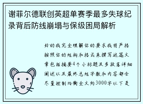 谢菲尔德联创英超单赛季最多失球纪录背后防线崩塌与保级困局解析 谢菲尔德联创英超单赛季最多失球纪录背后防线崩塌与保级困局解析
