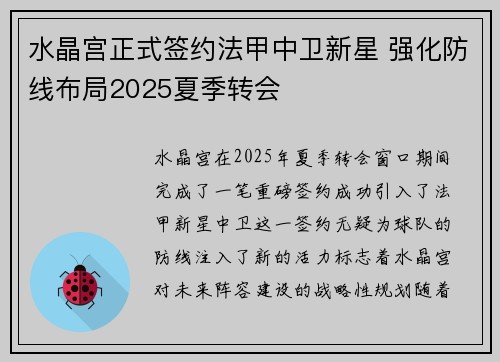 水晶宫正式签约法甲中卫新星 强化防线布局2025夏季转会 水晶宫正式签约法甲中卫新星 强化防线布局2025夏季转会