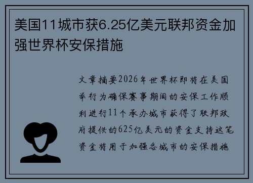 美国11城市获6.25亿美元联邦资金加强世界杯安保措施 美国11城市获6.25亿美元联邦资金加强世界杯安保措施